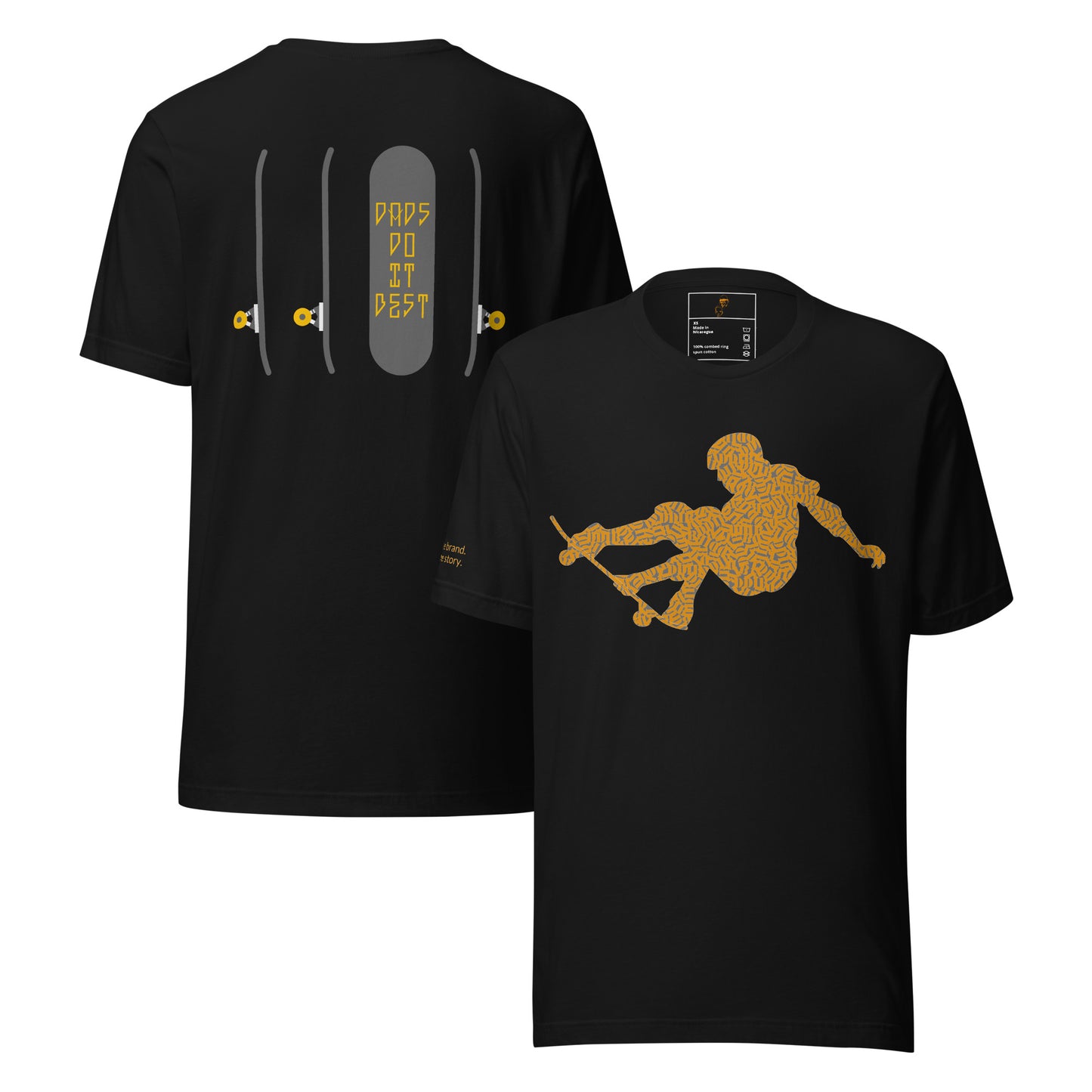 Yellow gold DDIB Skate Tee with board silhouettes and skater design on back.