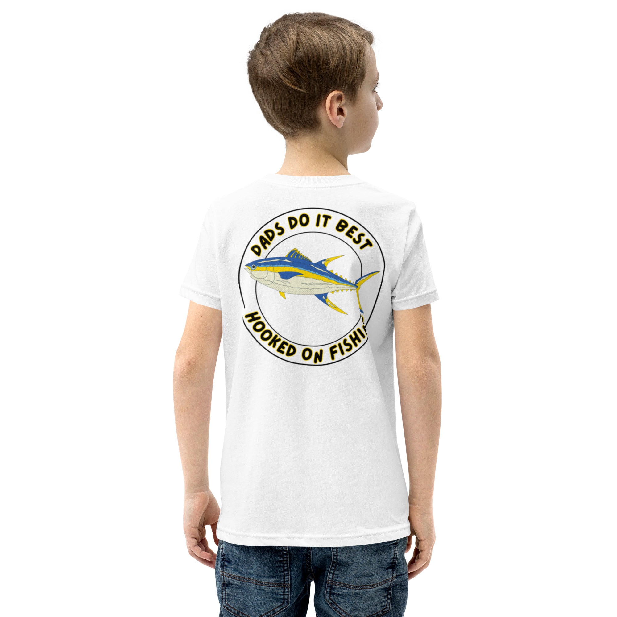 Father and son wearing matching DDIB Hooked on Fishing T-Shirt – Mini Yellowfin Edition, father-son fishing apparel.