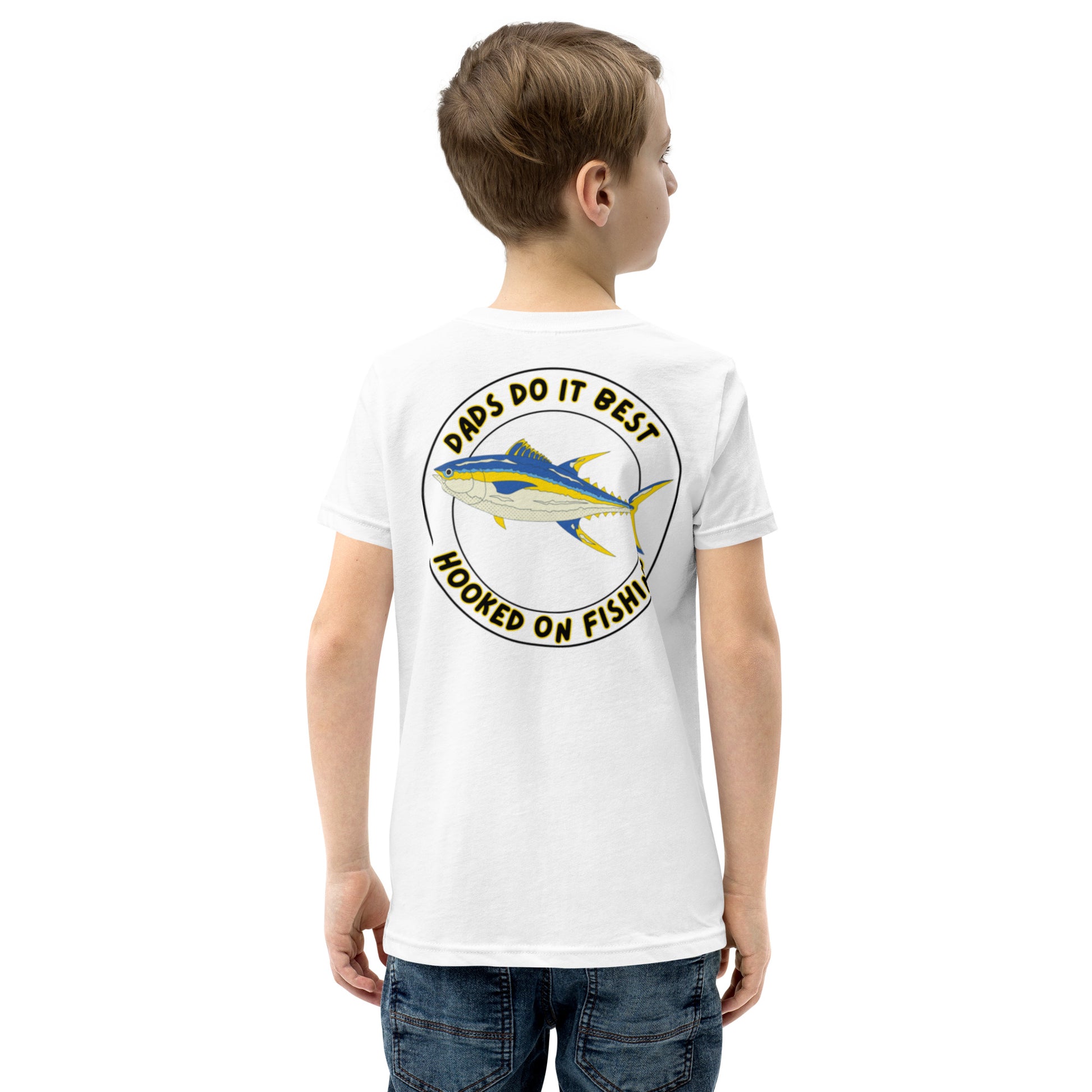 Father and son wearing matching DDIB Hooked on Fishing T-Shirt – Mini Yellowfin Edition, father-son fishing apparel.