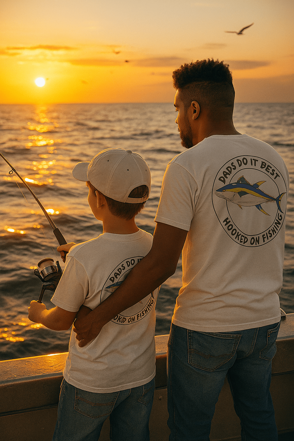 Father and son fishing together on a boat at sunset, both wearing 'Dad's Do It Best' t-shirt.