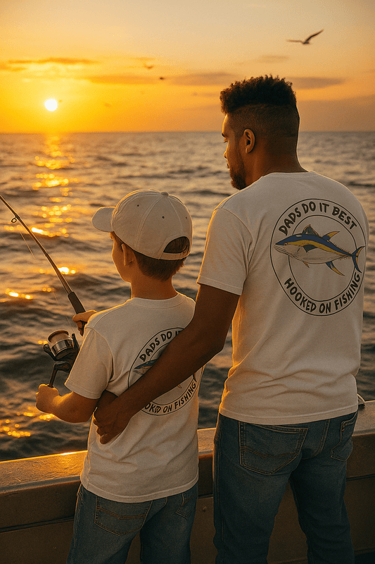 Father and son fishing together on a boat at sunset, both wearing 'Dad's Do It Best' t-shirt.