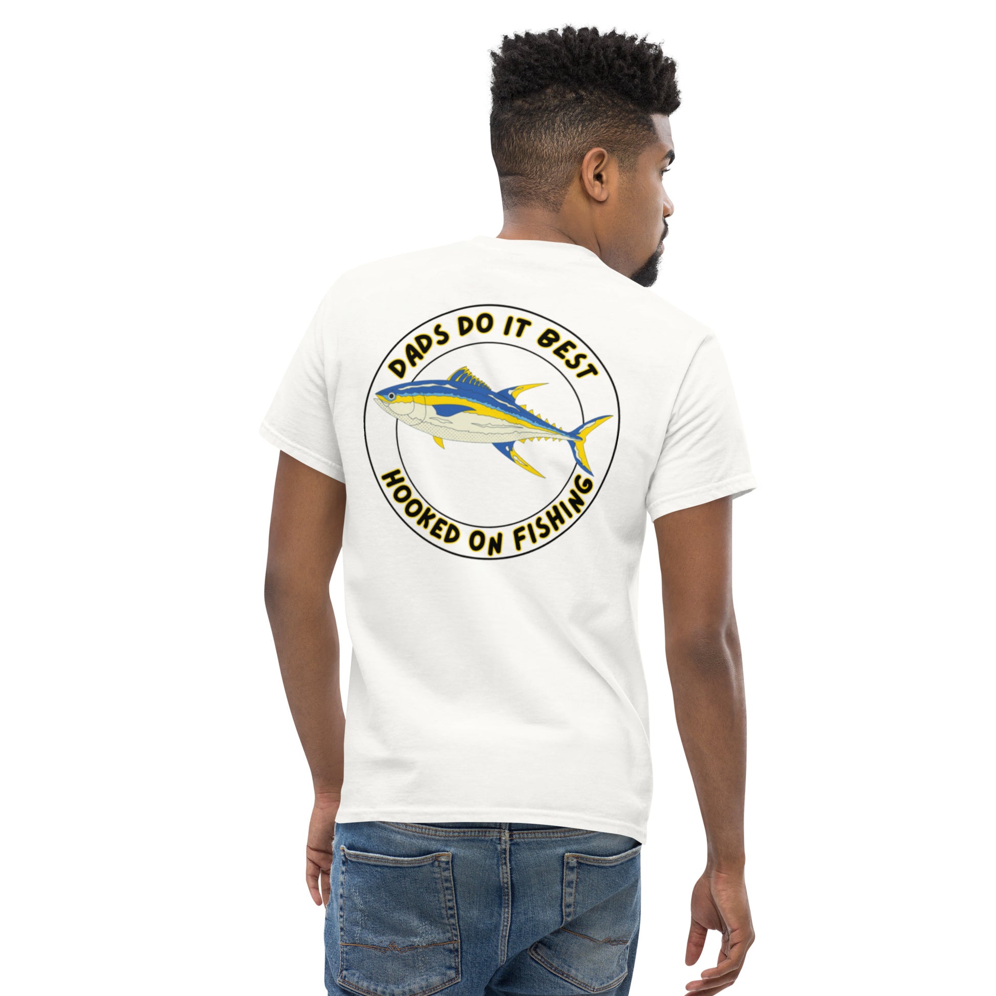 Dad wearing DDIB Hooked on Fishing T-Shirt – Yellowfin Edition, premium fatherhood fishing apparel.