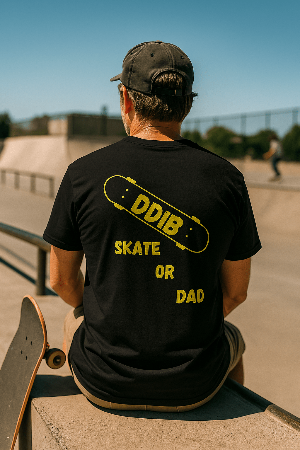 Father wearing a black T-Shirt with 'DDIB Skate or Dad' text at a skate park.