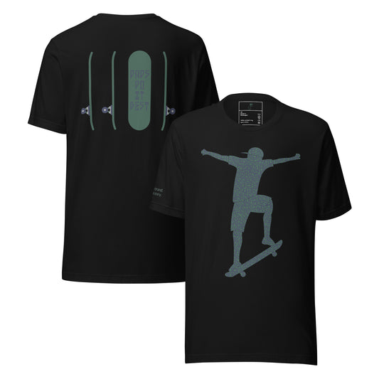 Gray DDIB Skate Tee with skateboard silhouettes and skater graphic on back.