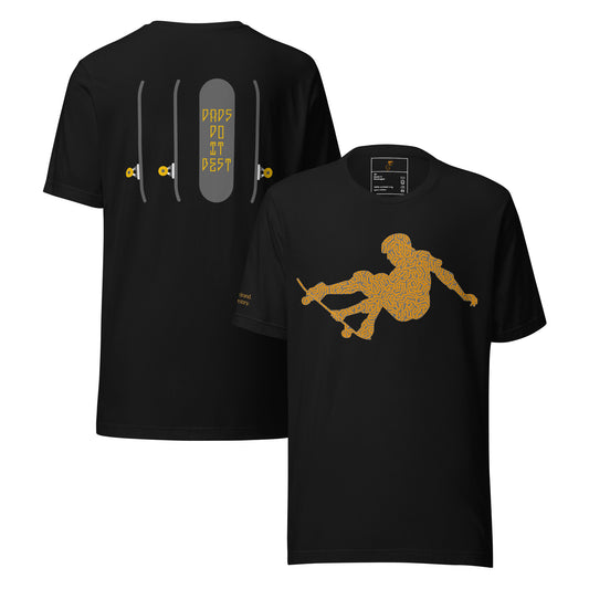 Yellow gold DDIB Skate Tee with board silhouettes and skater design on back.